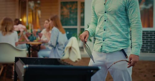 Friends Meeting and Party in Backyard of Village House in Summer Evening People Dinning Prores