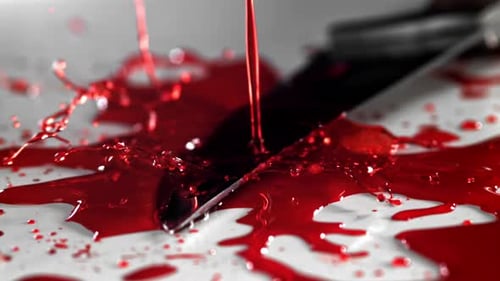 Drops of Blood Fall on the Knife Filmed on a Highspeed Camera at 1000 Fps