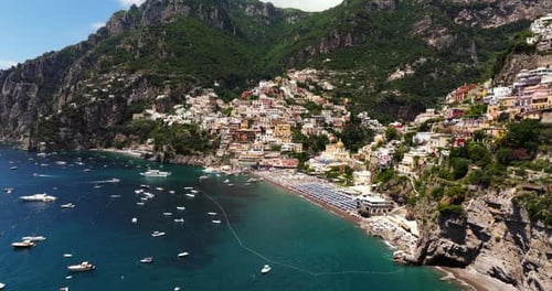 Beautiful Aerial View Above Positano, Amalfi Coast Italy. Cinematic Closing Shot