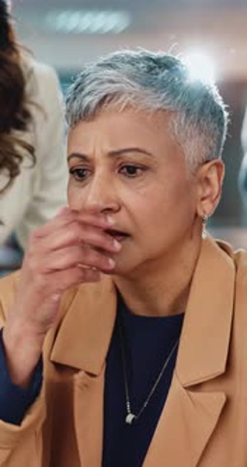 Woman, stress and mistake with team at office for lost revenue, stock market crash or bad news