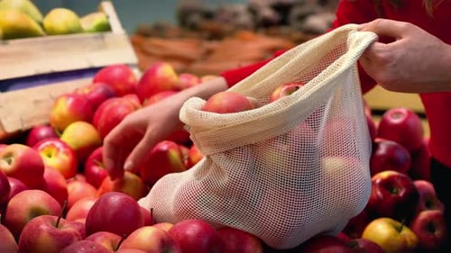 Mujer recogiendo manzanas en una bolsa reutilizable en una tienda. Temáticas del Día de la Tierra y la Ecología