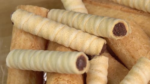 Crispy Waffle Cookies with Chocolate Filling Close Up