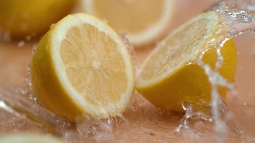 Lemon halves get splashed with water in slow motion