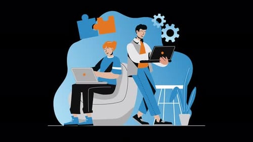 Creative workspace illustration with people using laptops