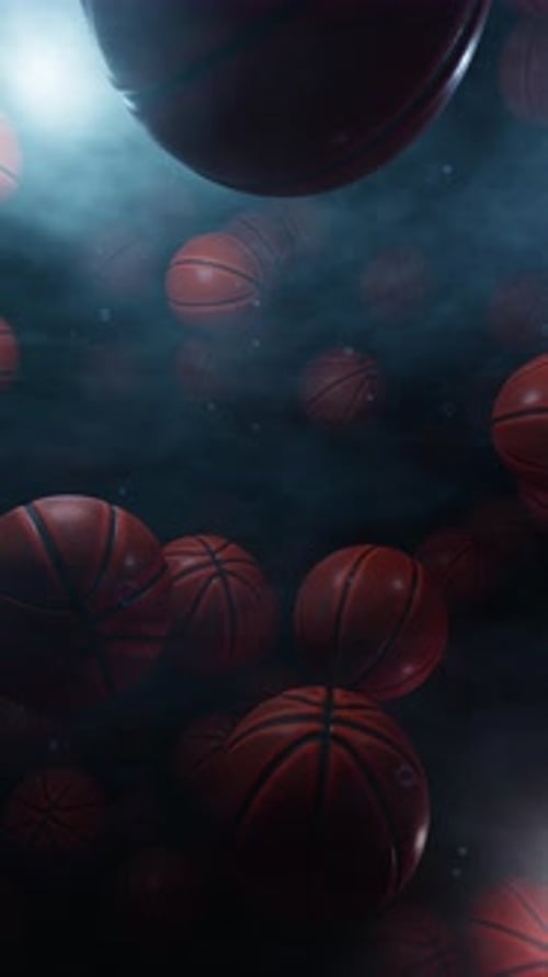 3D Animated Basketballs Falling Through Smoky Background