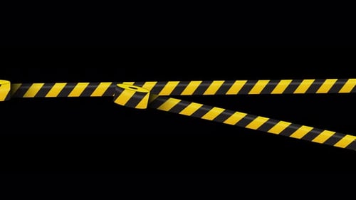 Fita de advertência e animação da linha policial. Animação listrada de linha preta e amarela. Fita de aviso de perigo