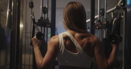 Sporty Woman Training Back Muscles on a Simulator in a Dark Atmospheric Gym