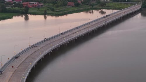Large Fourlane Highway Built Over the Large Lake in a Rural Area Near the City in Thailand