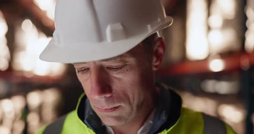 Man Wearing Hardhat Working in Warehouse Close Up