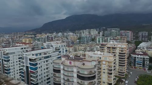 Aerial Video High View of an Urban Area with Towering Buildings and Clear Blue Sky in the Background