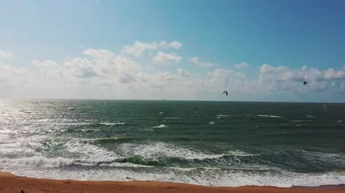 Aerial View Kiteboarders and Kitesurfers of the Baltic Sea Sunny Summer Day