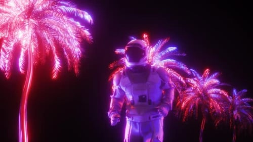 Fond d'onde de synthèse d'un astronaute en train de courir contre des palmiers luminescents au néon