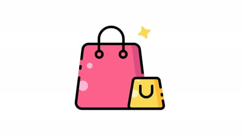 animation of Pink and yellow shopping bags plus sparkle represent online shopping.