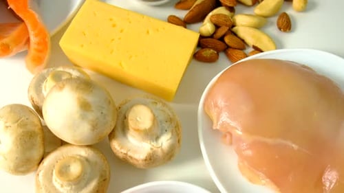 Healthy Food Ingredients: Meat, Fish, Nuts, and Vegetables