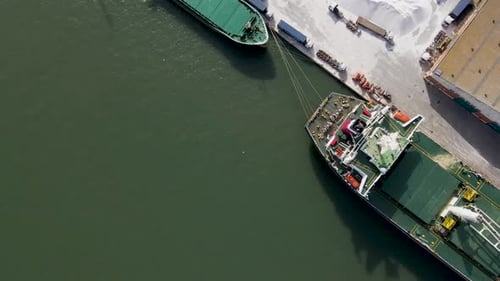 Aerial view of docked ships and cargo, Portugal.