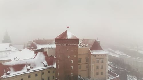 Flight Around the Snowcovered Tower of Wawel