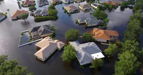 Tropical Rainstorm Flooded Residential Homes in Suburban Community in Florida Hurricane Aftermath