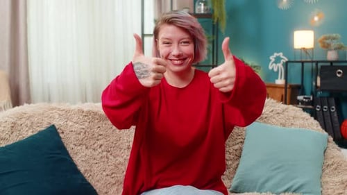 Young Woman Showing Thumbs Up Gesture Positive Approval Agreement Good Feedback Smiling Cheerfully