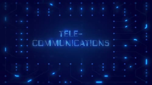 TELECOMMUNICATIONS Word Text with neon circuit board design or computer semiconductor design