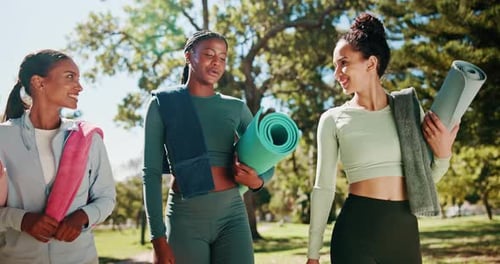 Fitness, women and walking with yoga mat at park for wellness exercise, workout tips