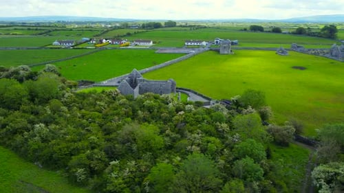 Aerial spin shot of abbey and nearby monastic ruins.