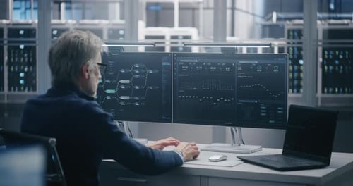 Ingeniero sénior que monitorea el flujo de datos en pantallas duales y computadoras portátiles