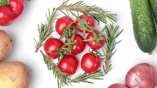 Fresh Vegetables with Rosemary, Overhead Flat Lay