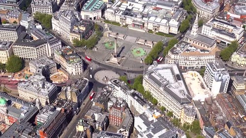 Aerial view of Trafalgar Square, Nelson's Column and the National Portrait Gallery, London, UK.