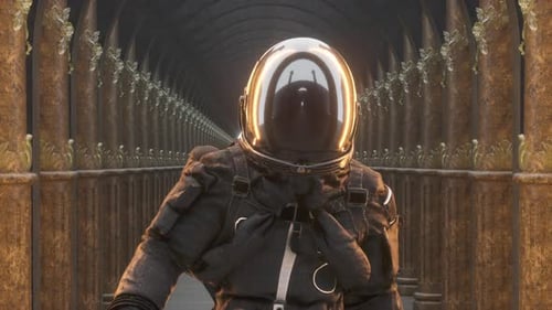 Astronaut Walking Through Ornate Futuristic Tunnel with Illuminated Helmet
