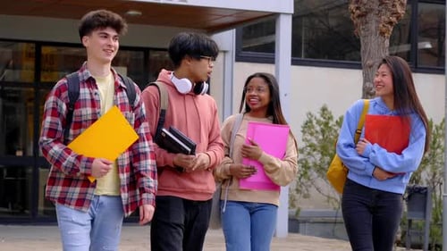 Group of Students Walk on the University Campus College Classmates Talking Outside