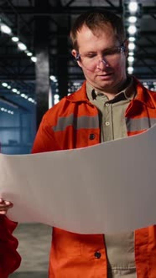 Vertical Video Industrial Staff Team Overseeing Fabrication Tools in Heavy Industry Plant