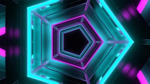 Cyan And Pink Neon Mirrored Pentagonal Tunnel Background Vj Loop In 4K