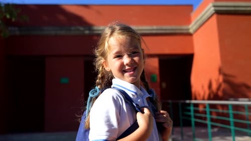 Adorable little girl saying goodbye at school entrance