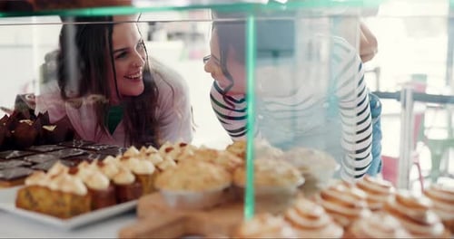Bakery, talking and women looking at dessert for a decision, discussion or buying for lunch