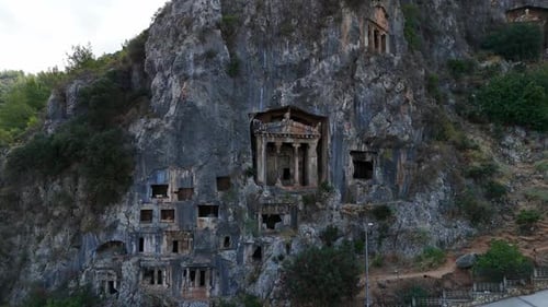 Aerial View of Ancient Rock Tombs in Fethiye Turkey