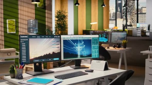 Power Line Tower CAD Design Displayed on Dual Monitors in Engineering Office