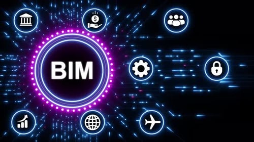 Concepto BIM con red brillante e Íconos digitales sobre fondo negro, modelado de información de construcción