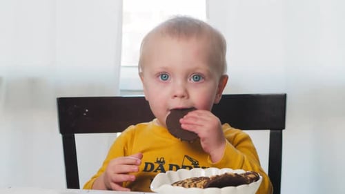 Happy Child Eating Cookies at Table Indoors