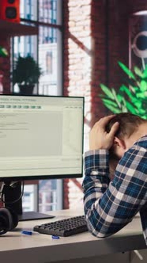 Desarrollador de software en una computadora esperando a que el Código termine de compilar Yawning