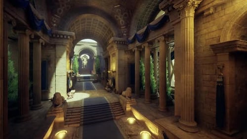 Garden Corridor Scene Bright Walkway Lined with Plants and Classical Pillars