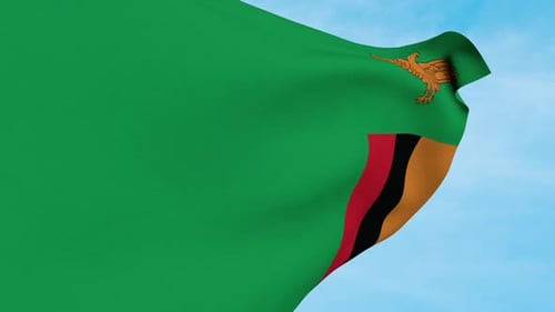 Realistic Waving Flag of Zambia Against Blue Sky Background