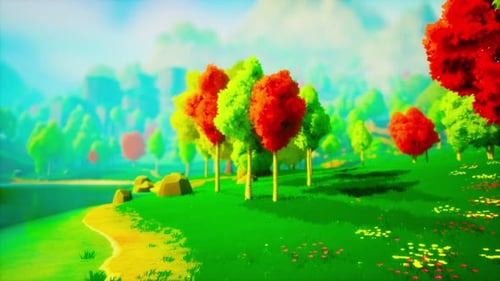 Colorful Cartoon Forest at Sunset