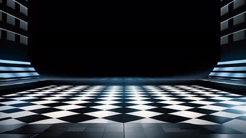 Abstract Animated Checkerboard Floor with Glowing Blue Lights