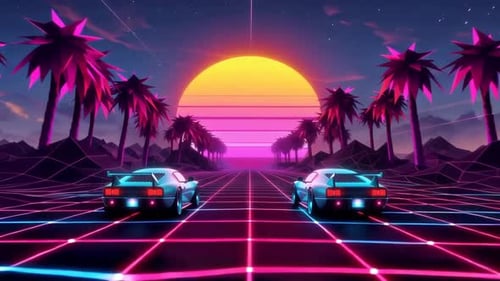 80s Retro Synthwave Car Race Towards Digital Sun Neon Grid Video