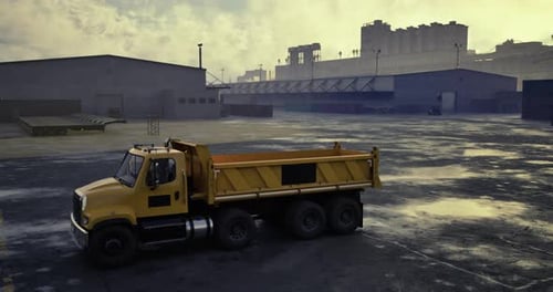 Yellow Dump Truck Dumping Animation in Industrial Area