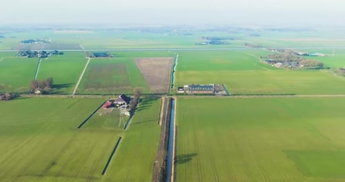 Aerial view of countryside with farms, Overschild, Groningen, Netherlands.