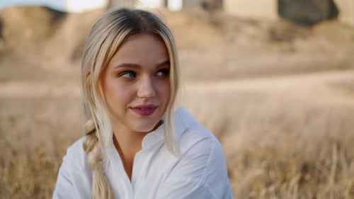 Sunny Lady Sitting Meadow Closeup