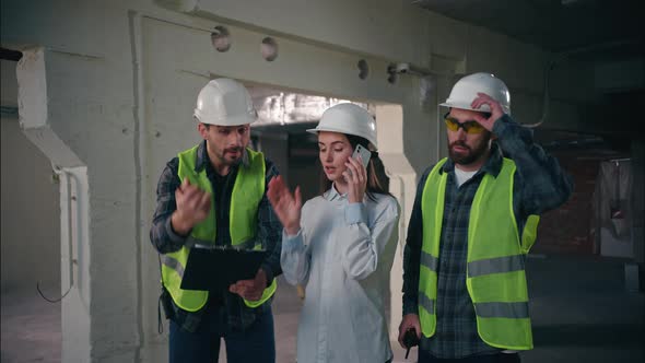 Three Caucasian Workers Construction Builders Problem Chaos Accident ...