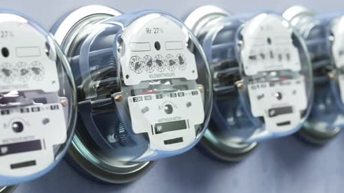 Electric Meters in a Row Measuring Power Use Electricity Consumption Concept Looped 3d Animation