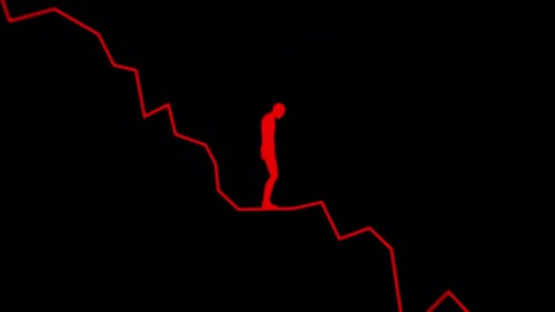 Red and Green Lines Represent Stock Market Trends While a Businessman Figure Walks on the Chart